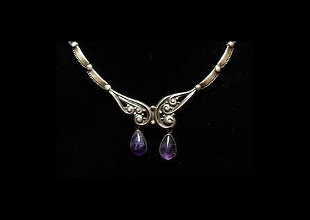 Vintage Mexican Silver Carved Amethyst Necklace